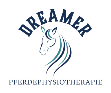 Dreamer- Logo mit einem stilisierten Pferdekopf und dem Schriftzug "Ganzheitliche Pferdephysio für Freizeitpferde" . Dreamer steht für professionelle mobile Therapieangebote zur Förderung der Gesundheit und Leistungsfähigkeit von Pferden.